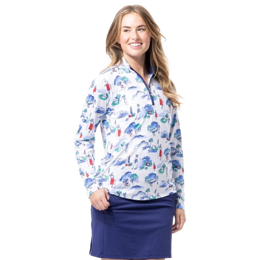 NEW SanSoleil Tennis Golf 1/4 Zip Pullover L/S XS White Print UV 50 + Cooling